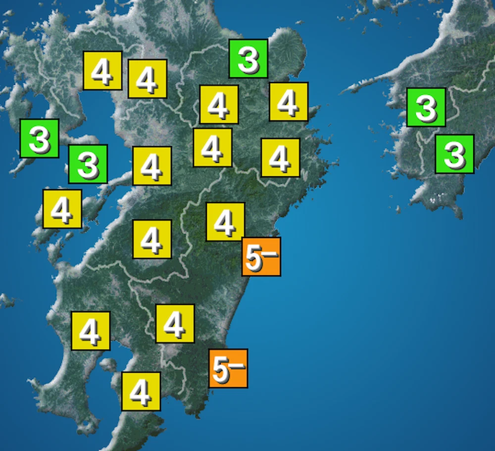 日向灘を震源とするマグニチュード6.4の地震発生　久留米市で震度4、筑後市や大牟田市で震度3など
