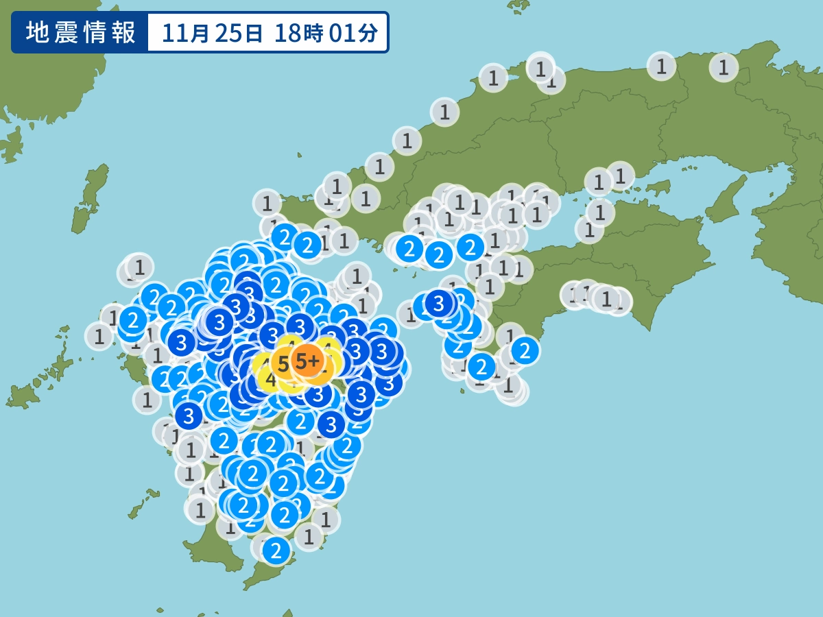 熊本県阿蘇地方を震源とする最大震度5強の地震発生　福岡県筑後地方で震度3など