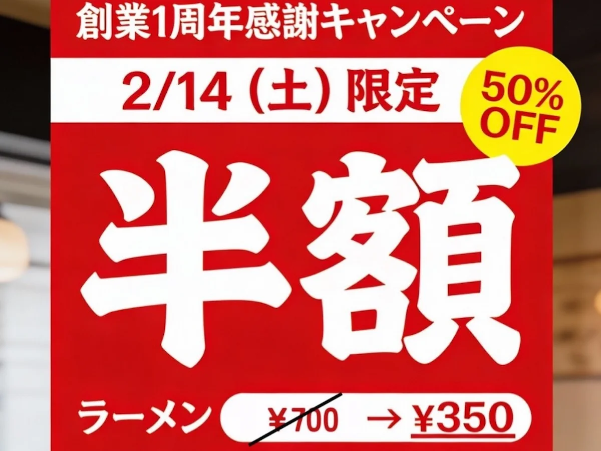 「笑麺一慶」でラーメンやセットメニューが半額に！創業1周年感謝キャンペーン開催（筑後市）
