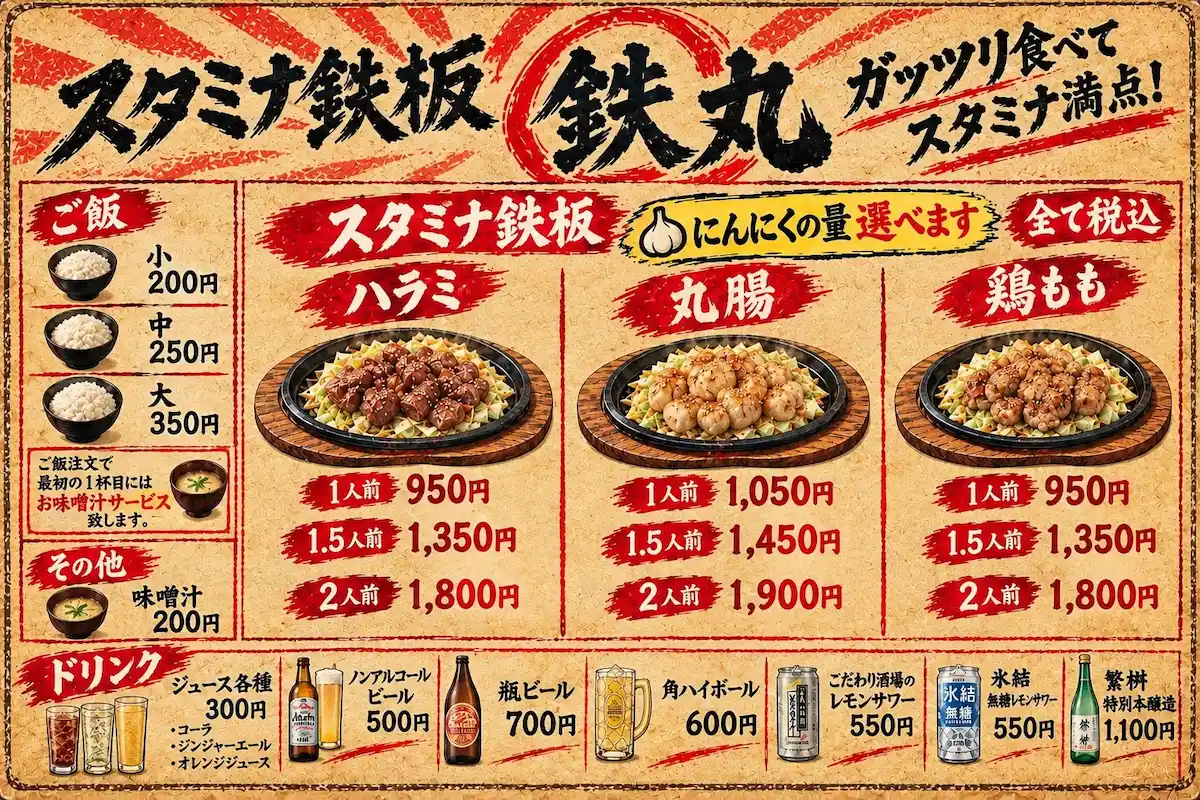 「スタミナ鉄板 鉄丸」のメニュー
